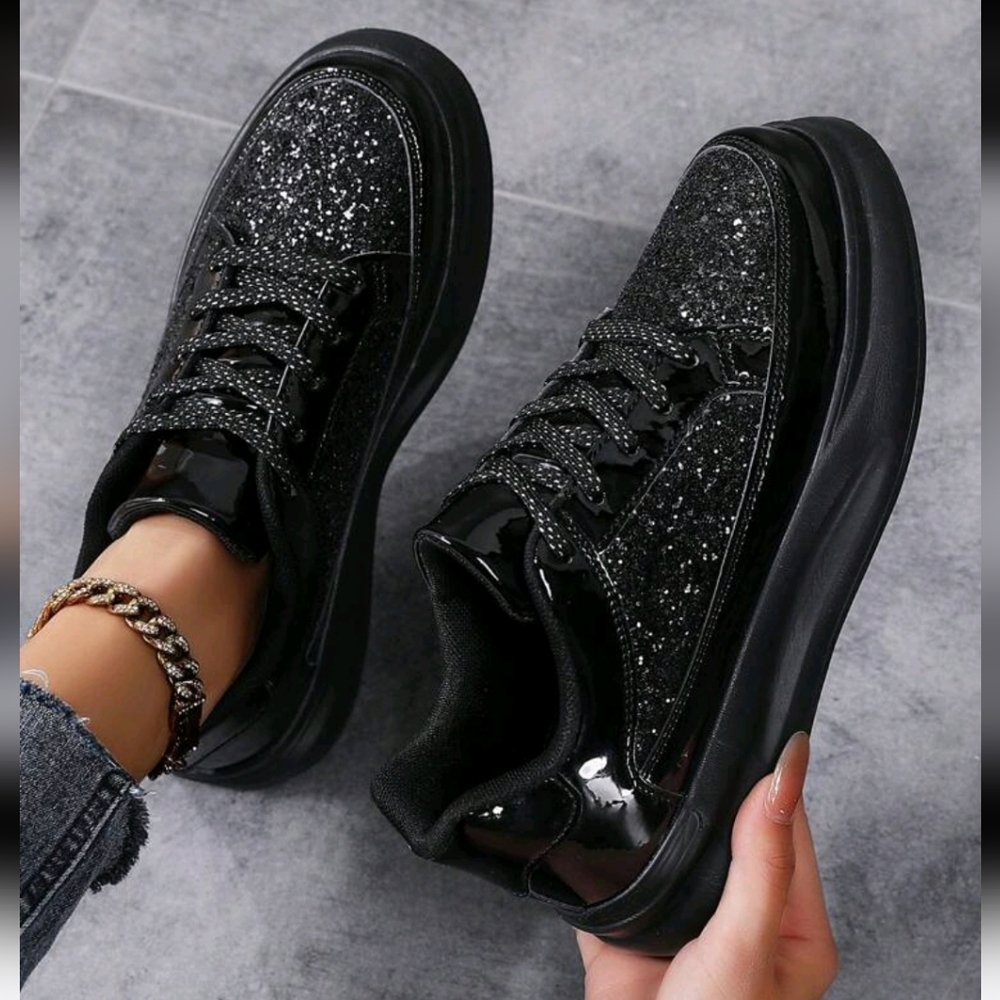 Women's Spring Autumn Casual Black Sneakers, Non-Slip Soft Bottom Lightweight Pl - Picture 2 of 4